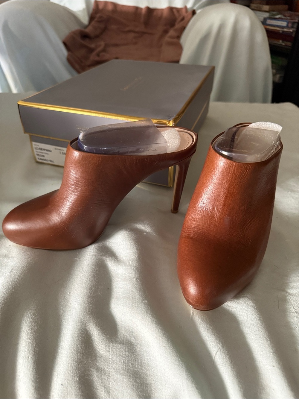 Louise et Cie Cognac Brown Leather High Heel Mules
